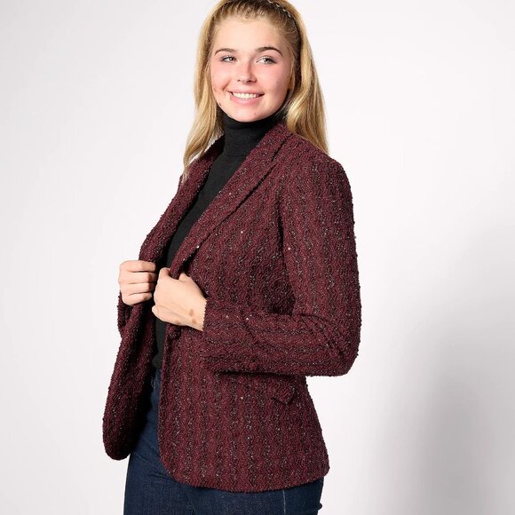 Dennis Basso Boucle Blazer Women's Burgundy & Black Textured With Sequins 2X--3X - Picture 2 of 6